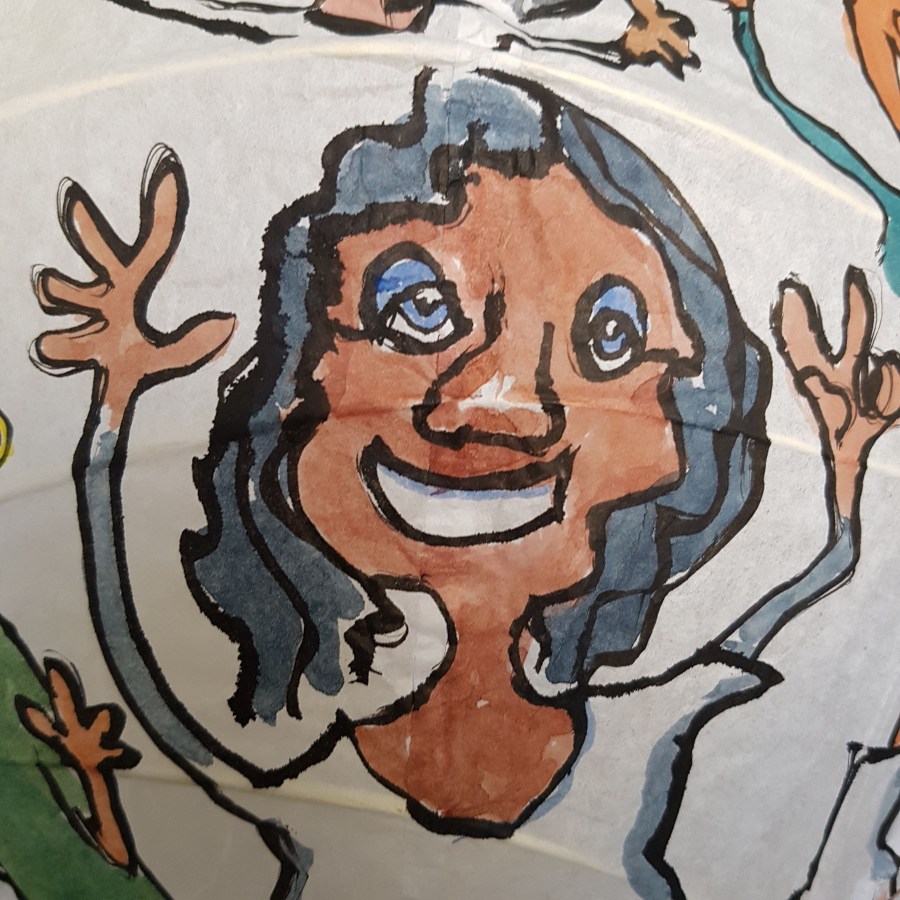 Detail - Happy people all around painting by Frits Ahlefeldt. On Rice paper Lamp