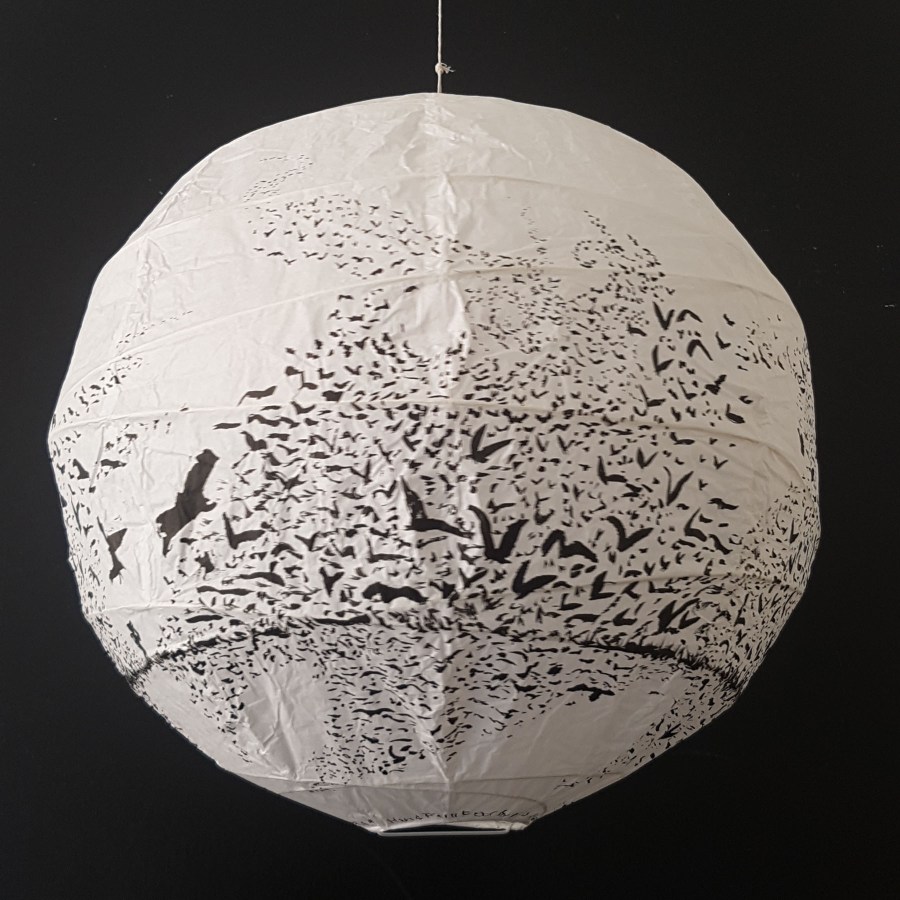 Artwork drawing of birds flying around ricepaperlamp - art by Frits Ahlefeldt