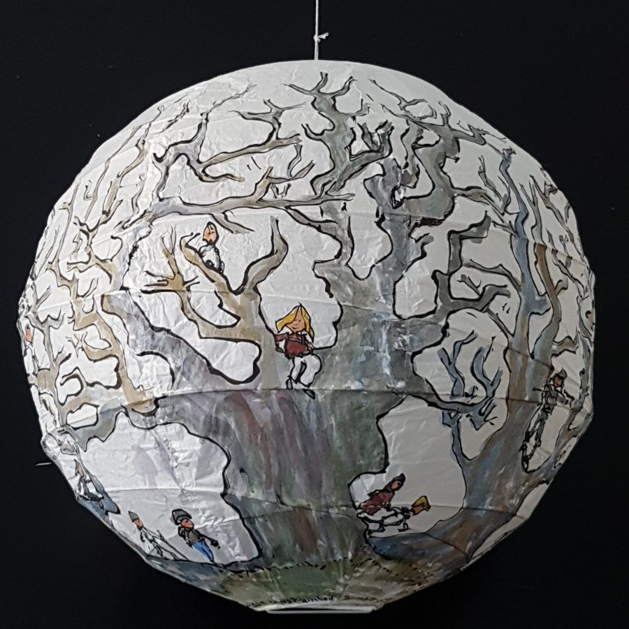 Trees and hikers Illustration in ink and watercolor on sphere lamp