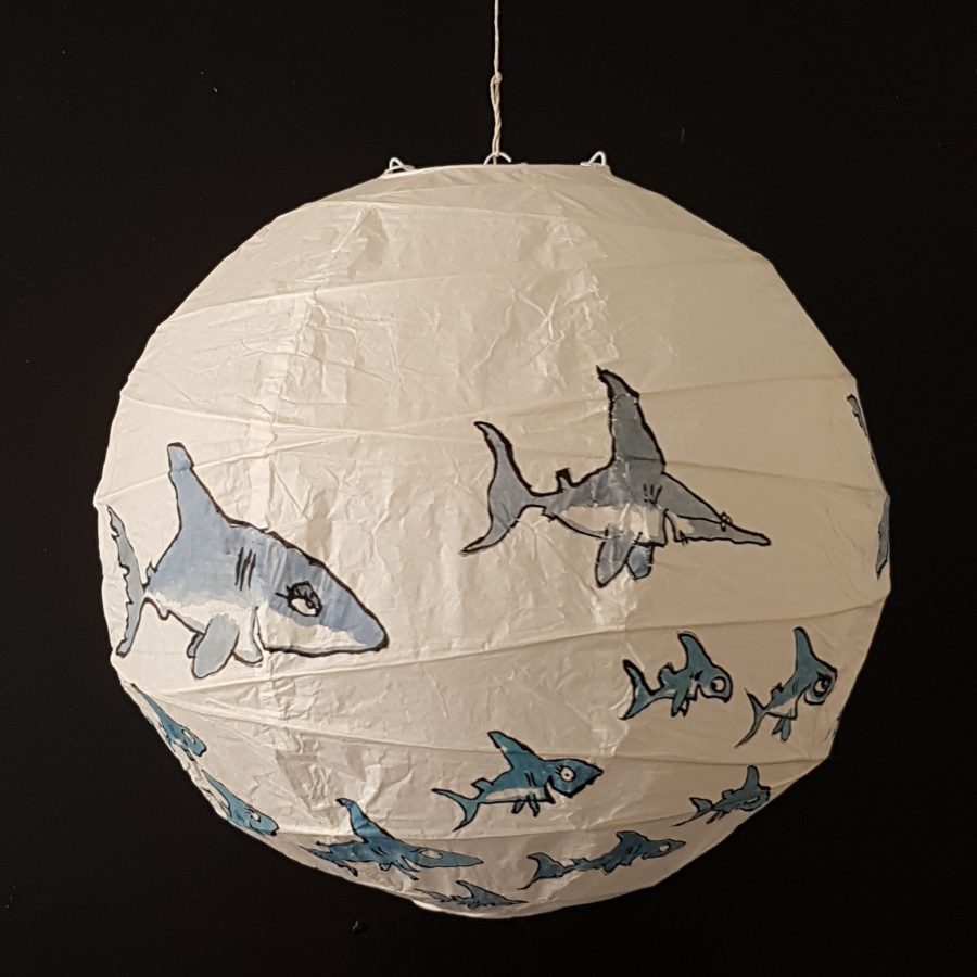 Shark personalities drawing by Frits Ahlefeldt. Artwork on rice paper lamp.