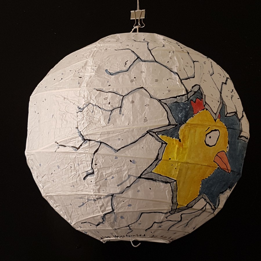Drawing of a chicken inside an egg, painted by Frits Ahlefeldt on Rice Paper Lamp