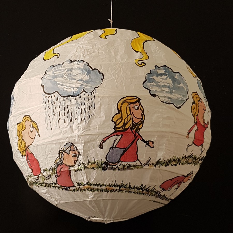 Drawing of red shirt woman walking from baby to old age around a rice paper lamp. Artwork by Frits Ahlefeldt