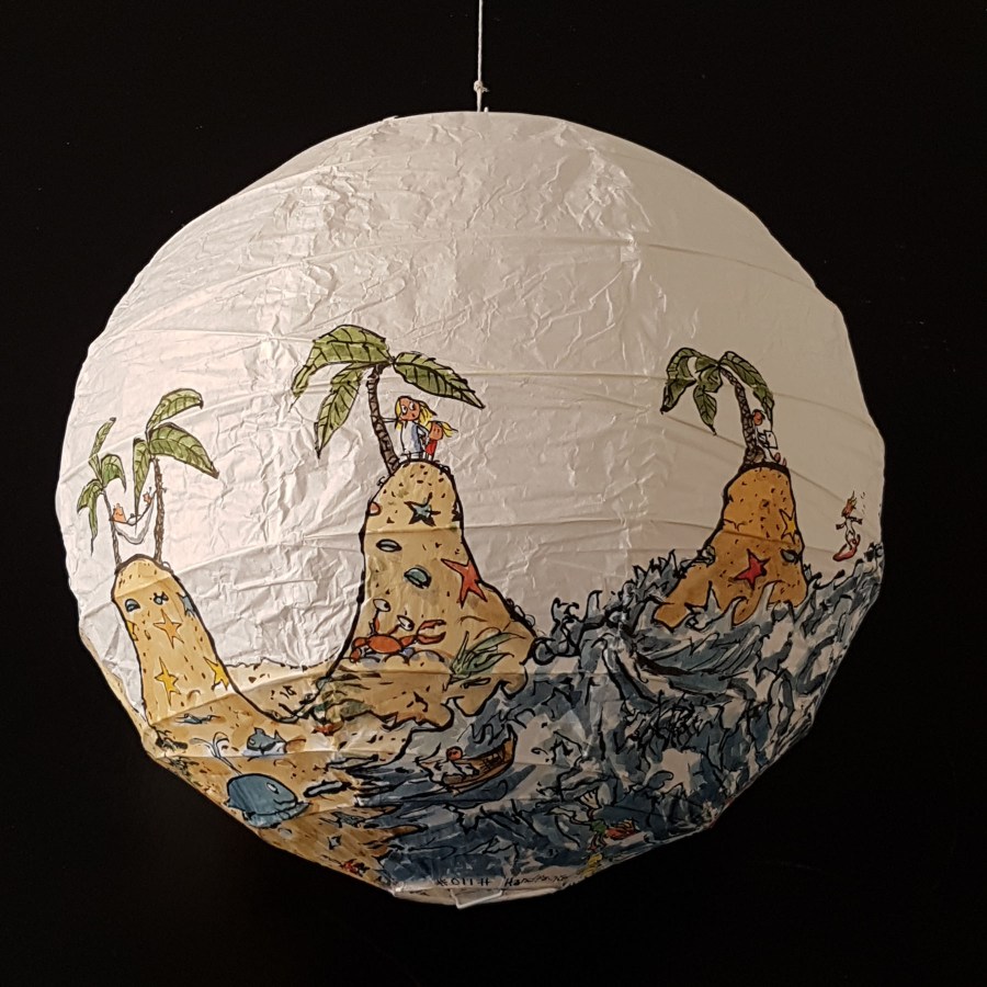 No man is an island at low tide art by Frits Ahlefeldt. SpherePainting on Rice paper lamp