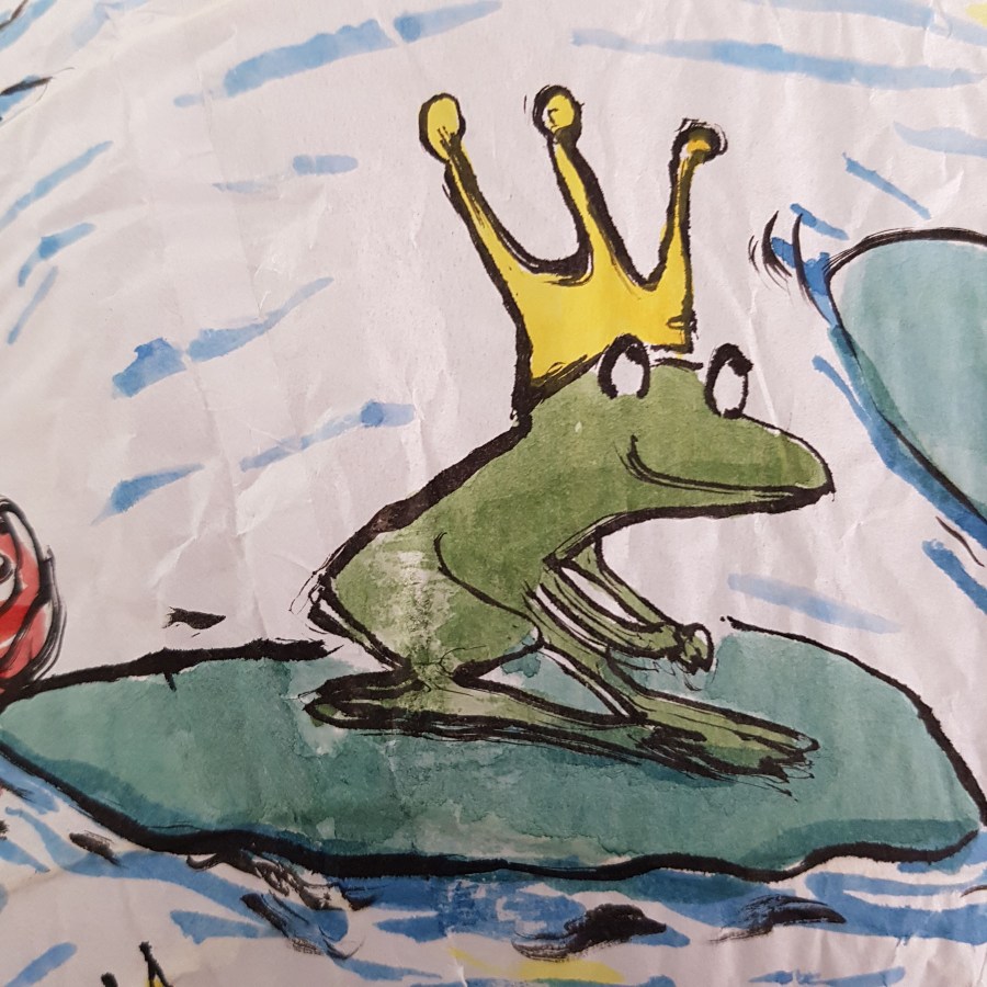 Painting of frog with crown waiting for a princess. Artwork by Frits Ahlefeldt. On rice paper lamp