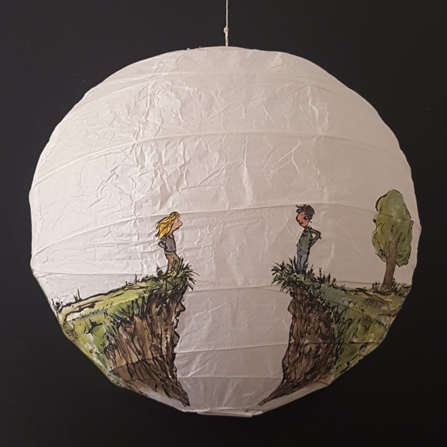 Painting on sphere a gap, with a man and woman on each side, and a tent on the other side. Storytelling art by Frits Ahlefeldt