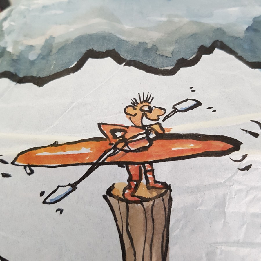 Drawing up people on wooden sticks talking about different things while the water gets higher. Sphere painting by Frits Ahlefeldt on Rice paper lamp