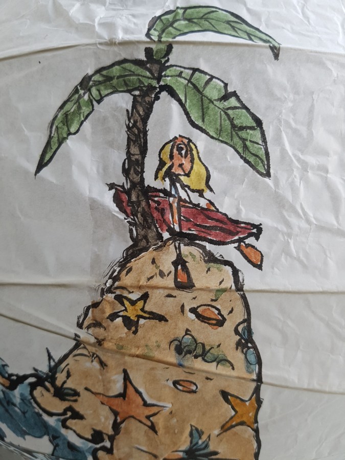 No man is an island at low tide art by Frits Ahlefeldt. SpherePainting on Rice paper lamp