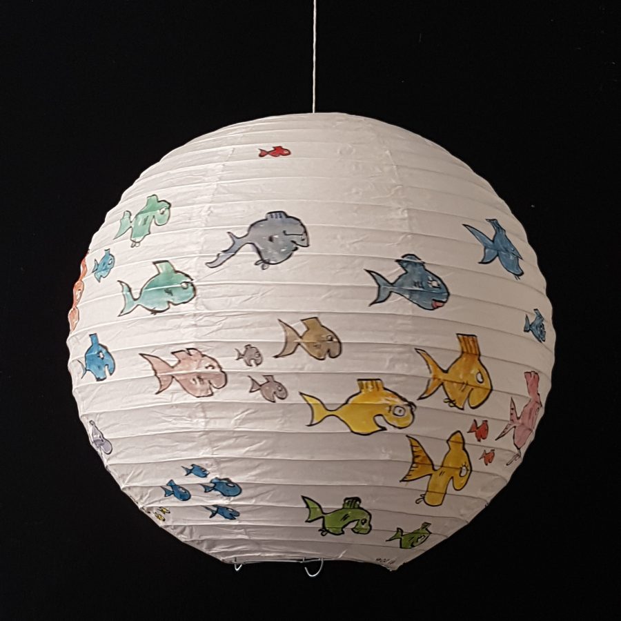 Painting on rice paper lamp, sphere artwork by Frits Ahlefeldt