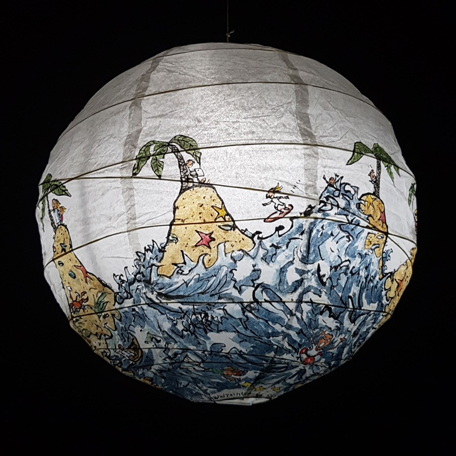 No man is an island at low tide art by Frits Ahlefeldt. SpherePainting on Rice paper lamp