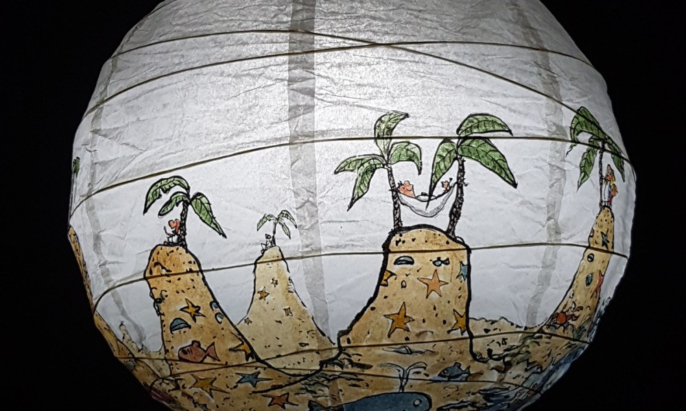 No man is an island at low tide art by Frits Ahlefeldt. SpherePainting on Rice paper lamp