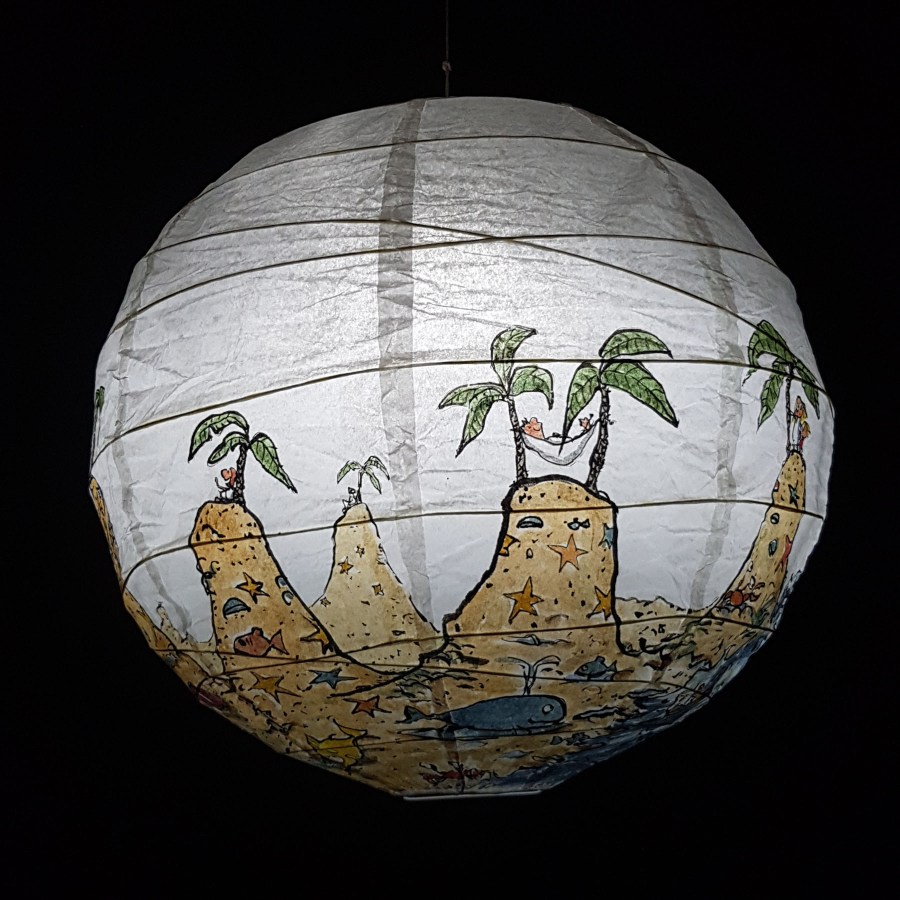 No man is an island at low tide art by Frits Ahlefeldt. SpherePainting on Rice paper lamp