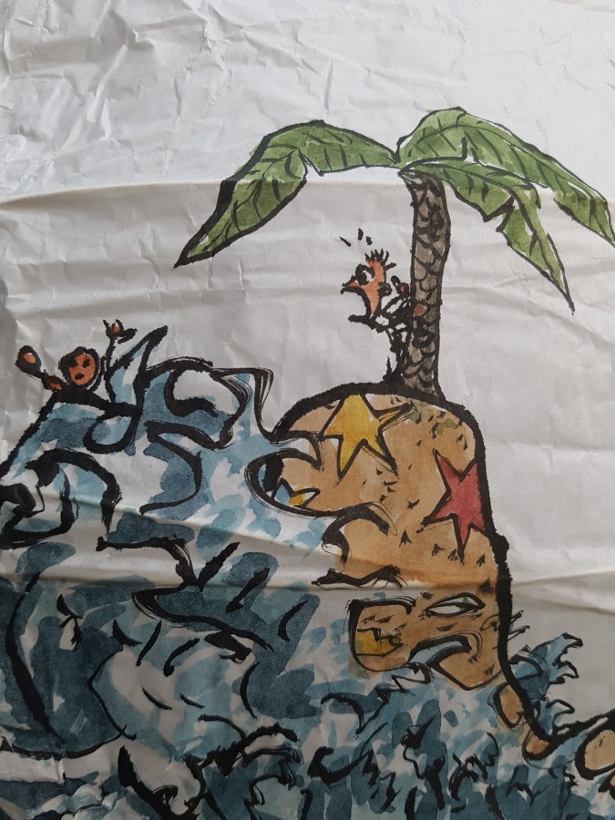 No man is an island at low tide art by Frits Ahlefeldt. SpherePainting on Rice paper lamp