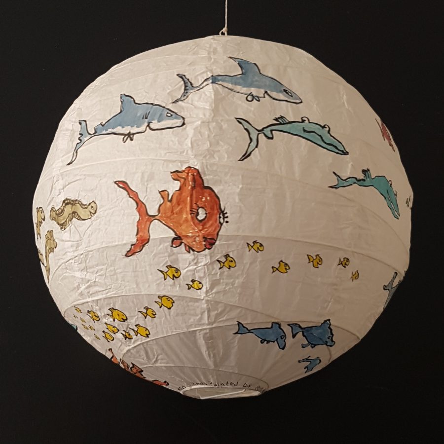 Artwork by Frits Ahlefeldt - Painting on rice paper lamp with fish illustration