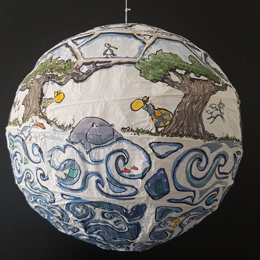 Painting of sphere house by Frits Ahlefeldt, on Rice paper lamp