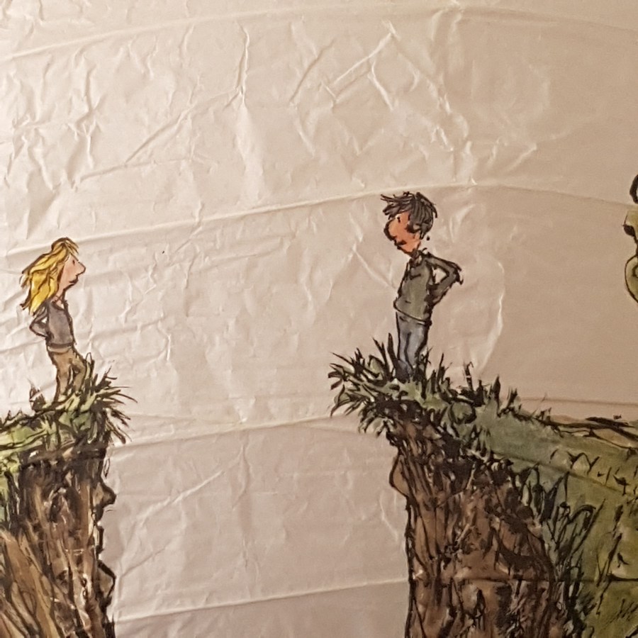 Painting on sphere a gap, with a man and woman on each side, and a tent on the other side. Storytelling art by Frits Ahlefeldt