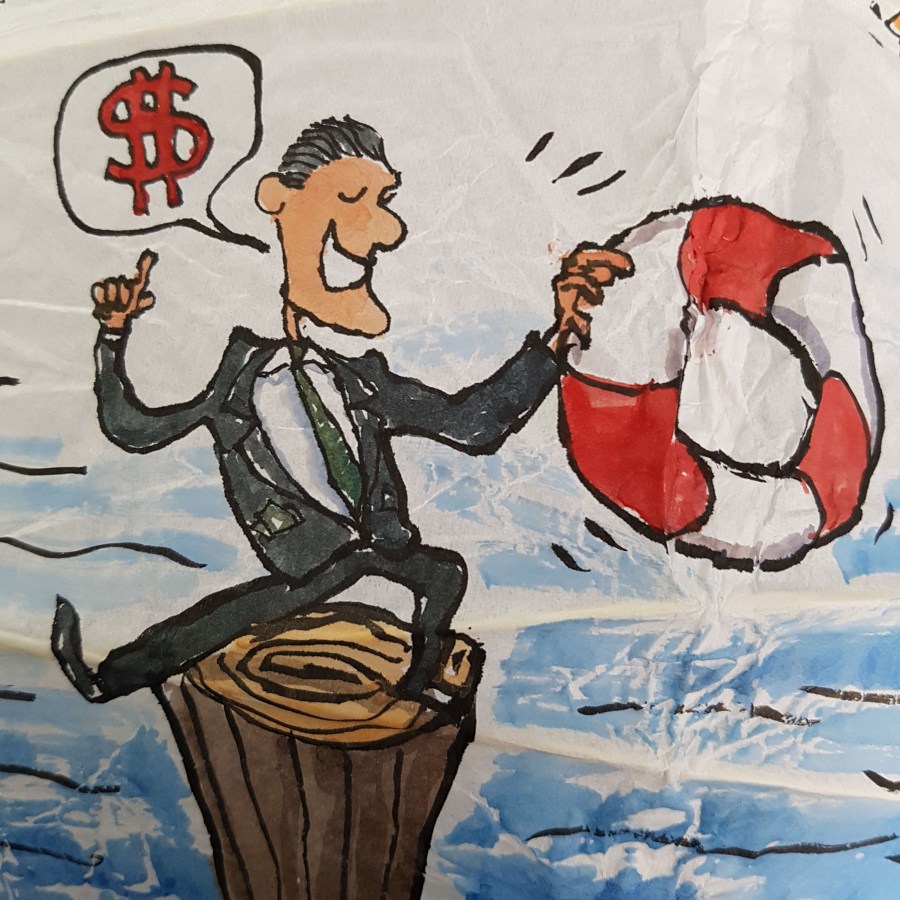 Drawing up people on wooden sticks talking about different things while the water gets higher. Sphere painting by Frits Ahlefeldt on Rice paper lamp