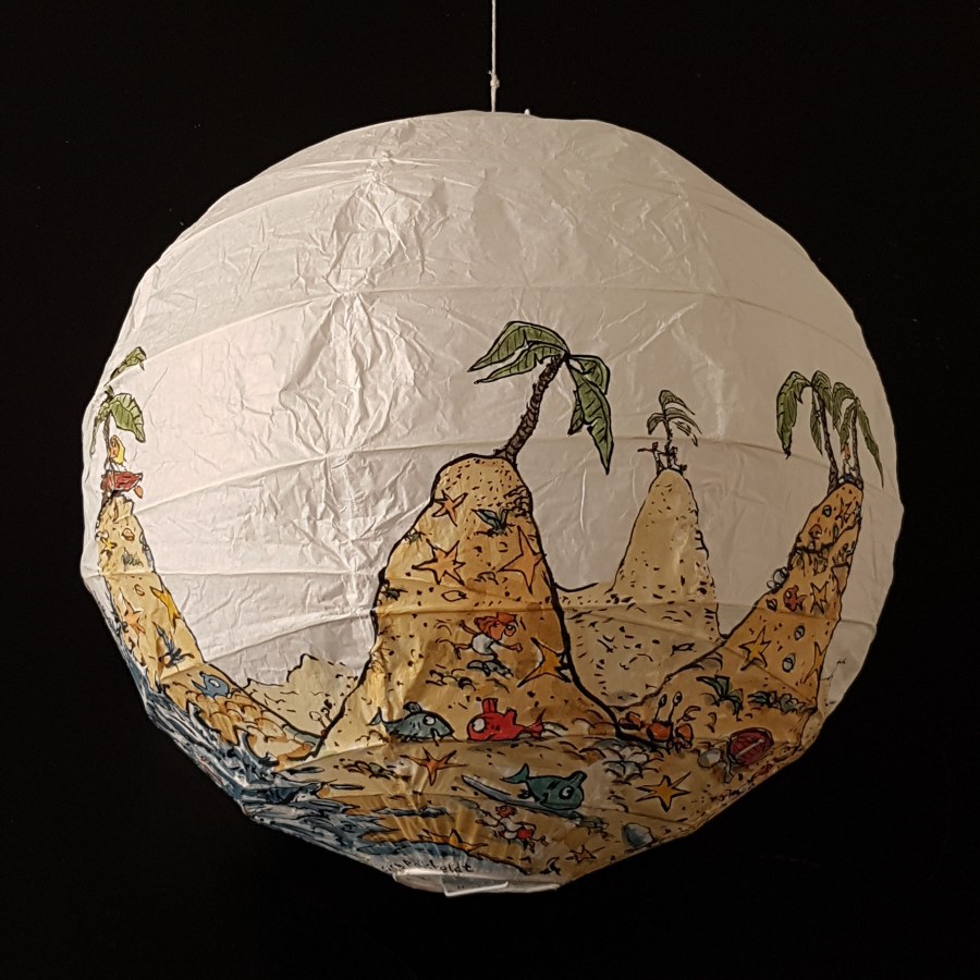 No man is an island at low tide art by Frits Ahlefeldt. SpherePainting on Rice paper lamp