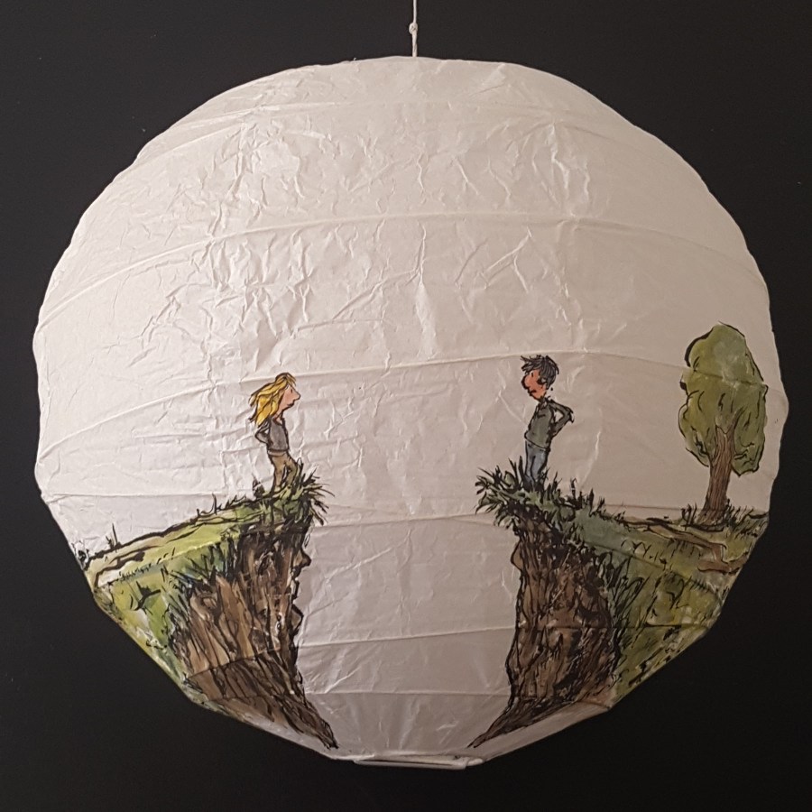 Painting on sphere a gap, with a man and woman on each side, and a tent on the other side. Storytelling art by Frits Ahlefeldt