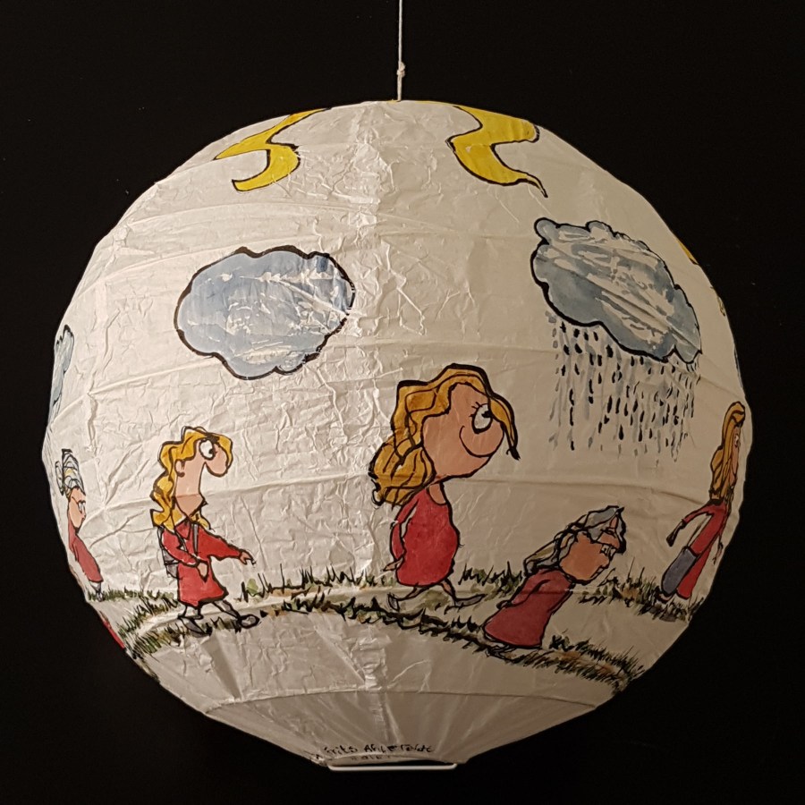 Drawing of red shirt woman walking from baby to old age around a rice paper lamp. Artwork by Frits Ahlefeldt