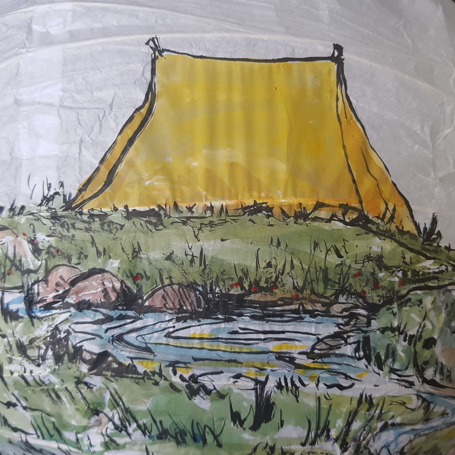 Painting on sphere a gap, with a man and woman on each side, and a tent on the other side. Storytelling art by Frits Ahlefeldt