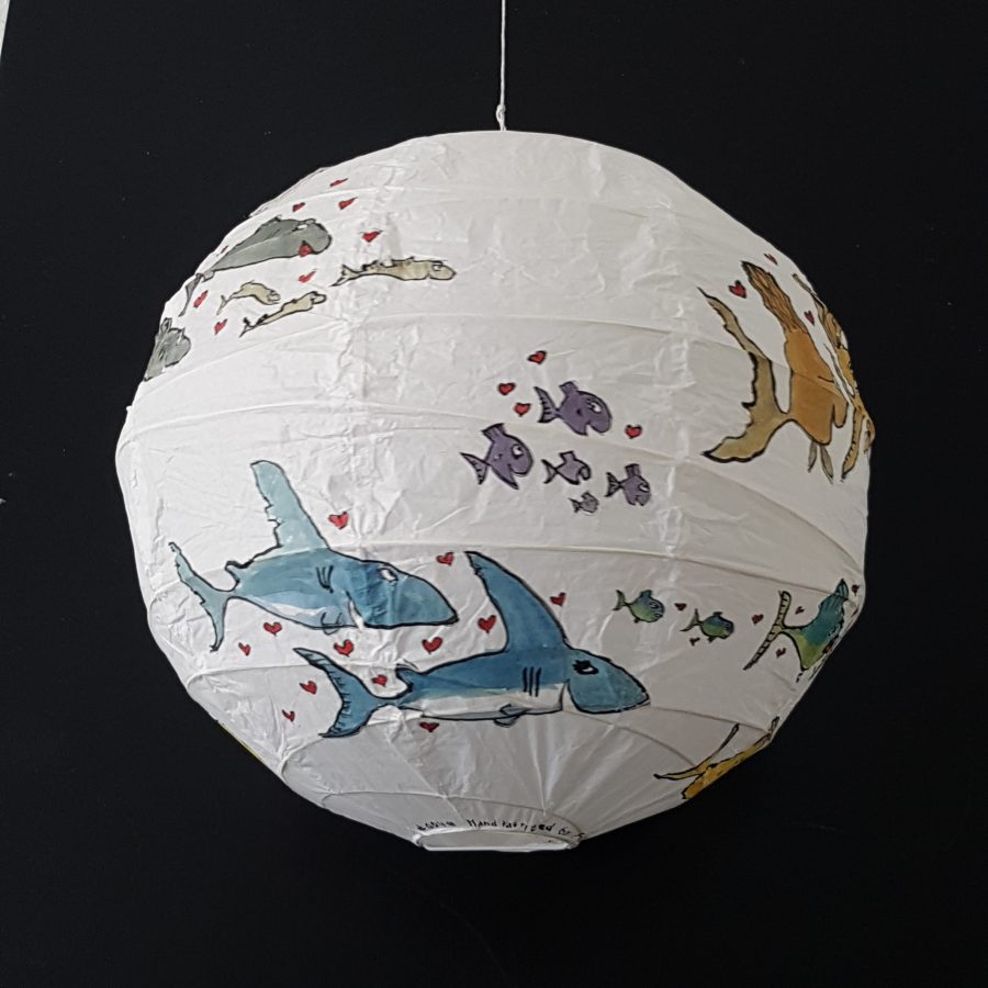 Hand painted artwork on rice paper lamp. Fish in love. By Frits Ahlefeldt