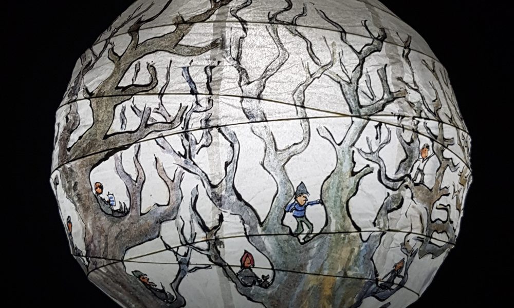 Trees and hikers Illustration in ink and watercolor on sphere lamp