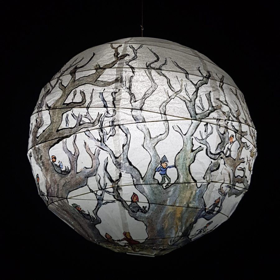 Trees and hikers Illustration in ink and watercolor on sphere lamp