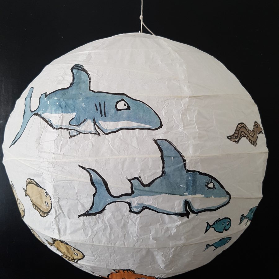 No.007 Color drawing of fish on a rice paper lamp. Artwork by Frits Ahlefeldt