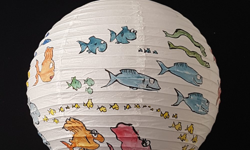 Painting on rice paper lamp, sphere artwork by Frits Ahlefeldt