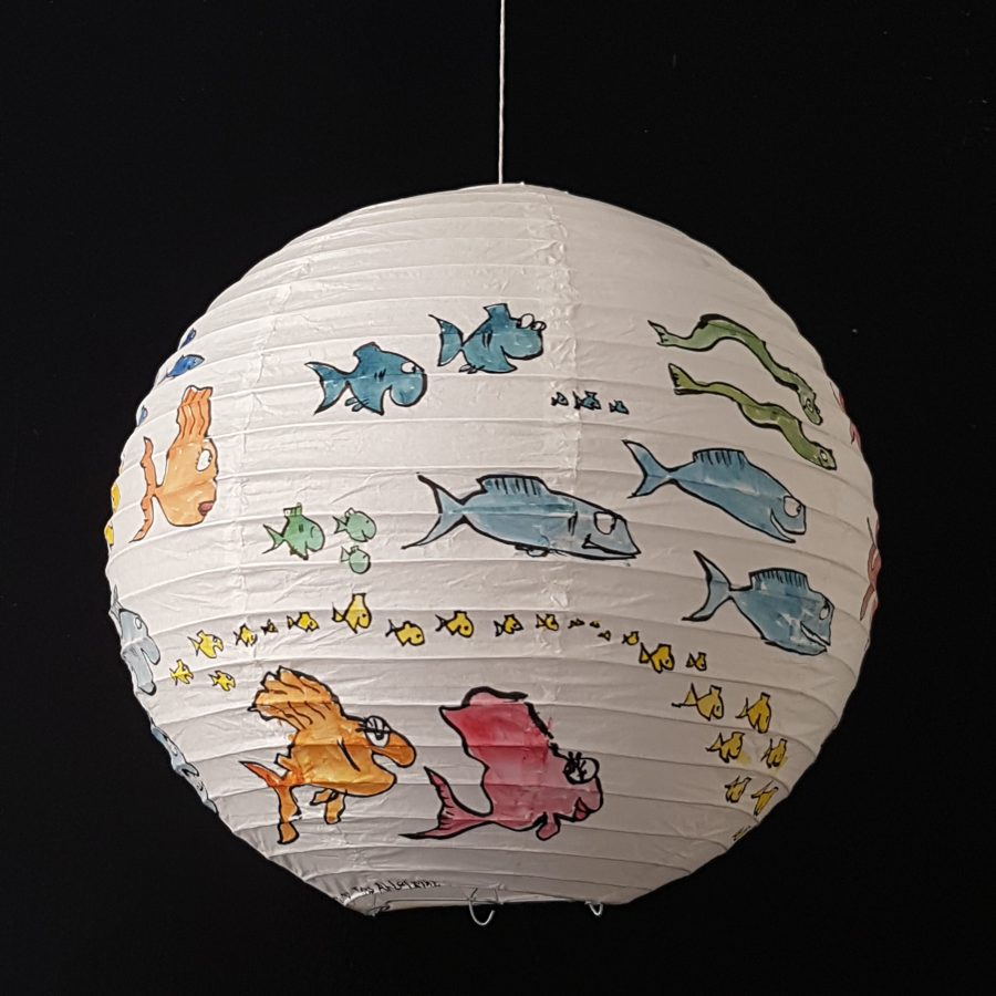 Painting on rice paper lamp, sphere artwork by Frits Ahlefeldt
