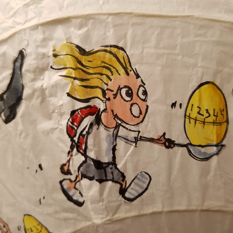 Egg Run with egg timer Detail drawing by Frits Ahlefeldt on Rice paper lamp
