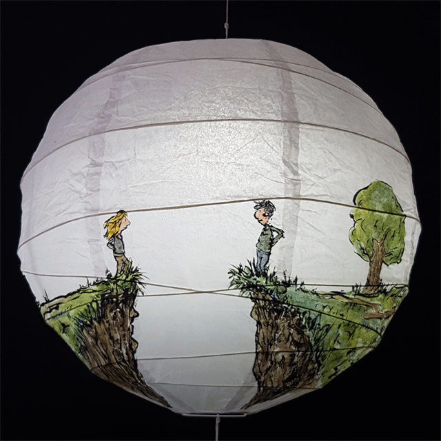 Sphere painting by Frits Ahlefeldt of two people standing on either side of a gap and a tent on the other side of the circle. Art By Frits Ahlefeldt