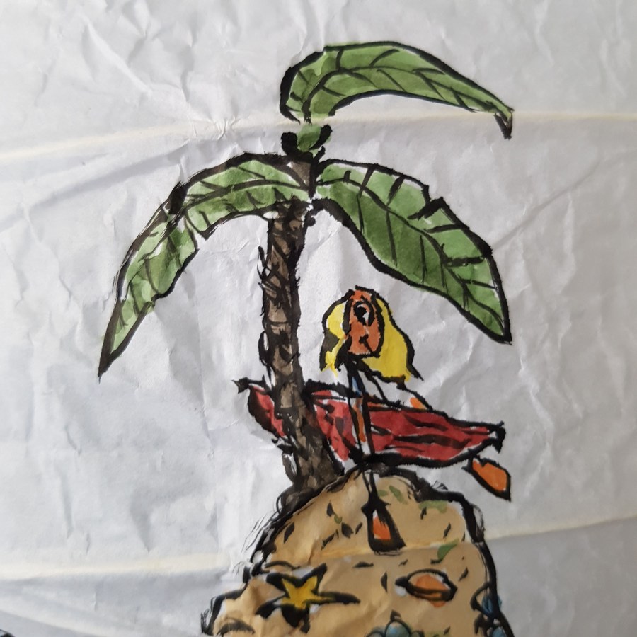 No man is an island at low tide art by Frits Ahlefeldt. SpherePainting on Rice paper lamp