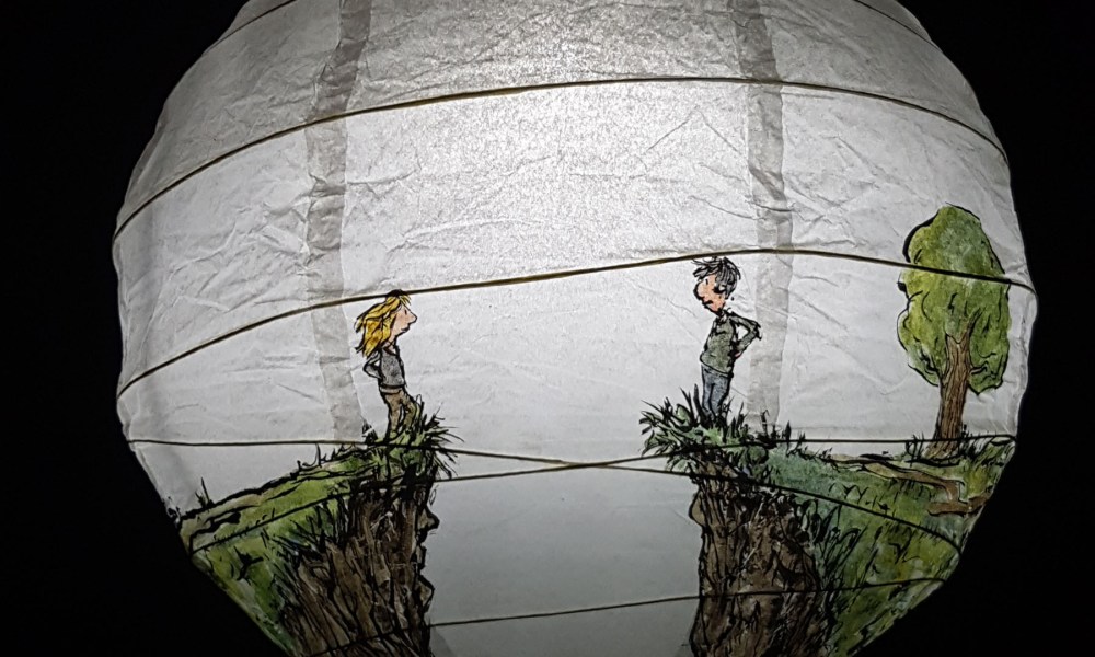 Painting on sphere a gap, with a man and woman on each side, and a tent on the other side. Storytelling art by Frits Ahlefeldt