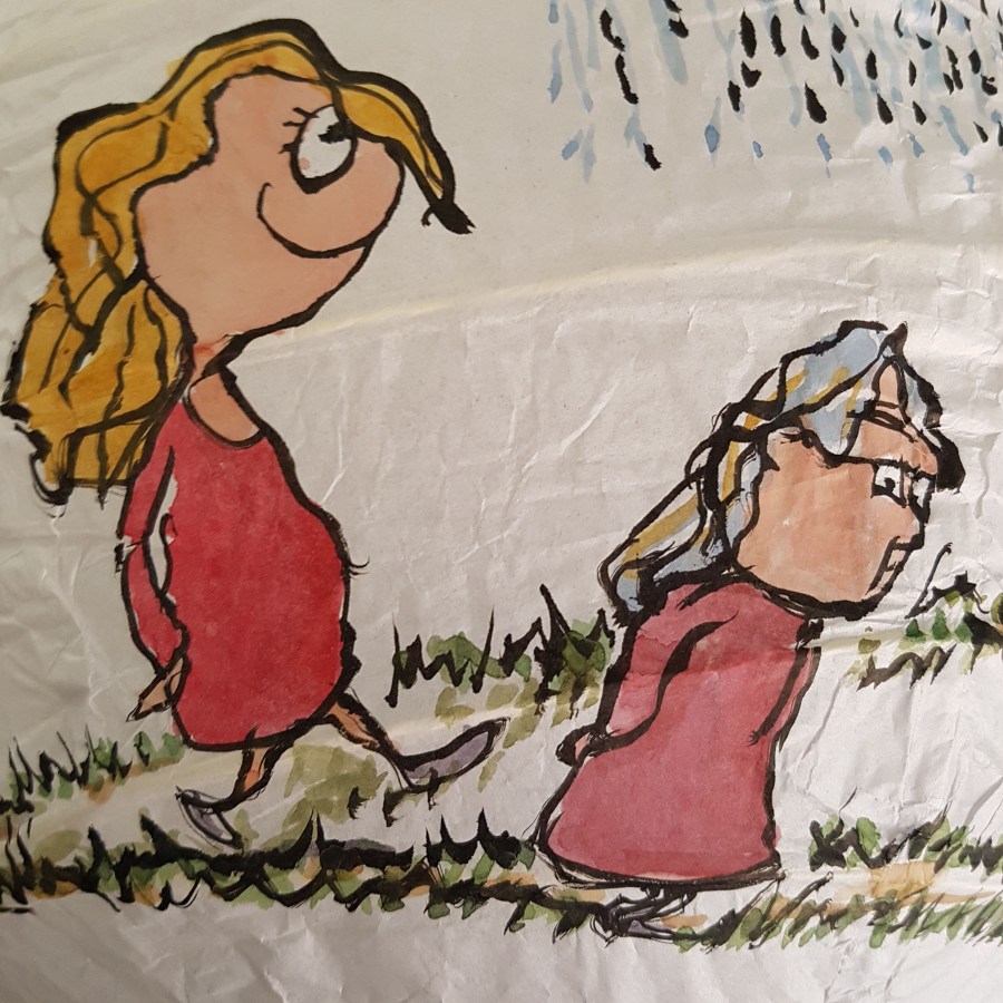 Drawing of red shirt woman walking from baby to old age around a rice paper lamp. Artwork by Frits Ahlefeldt