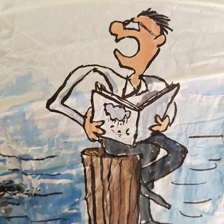 Man with theory Drawing up people on wooden sticks talking about different things while the water gets higher. Sphere painting by Frits Ahlefeldt on Rice paper lamp