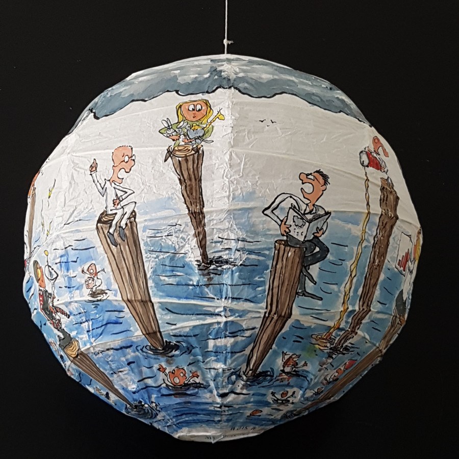 Drawing up people on wooden sticks talking about different things while the water gets higher. Sphere painting by Frits Ahlefeldt on Rice paper lamp