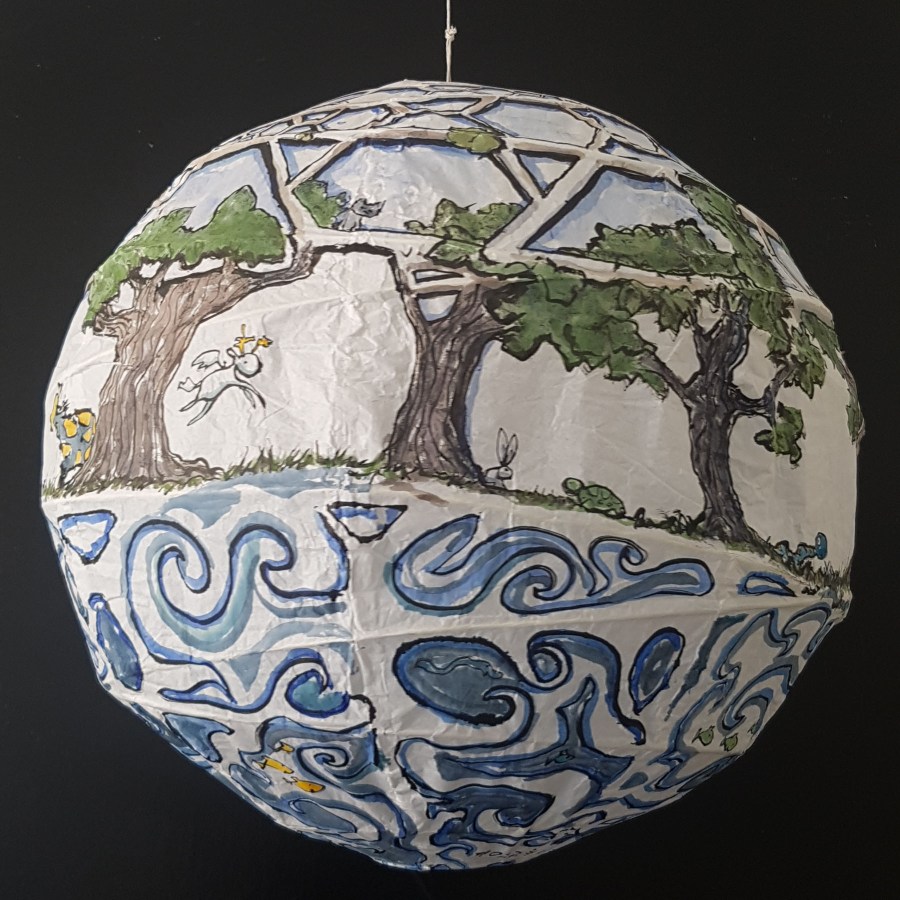 Painting of sphere house by Frits Ahlefeldt, on Rice paper lamp