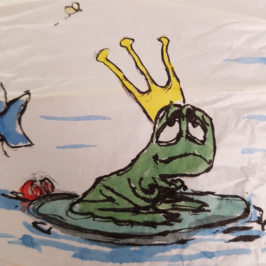 Painting of frog with crown waiting for a princess. Artwork by Frits Ahlefeldt. On rice paper lamp
