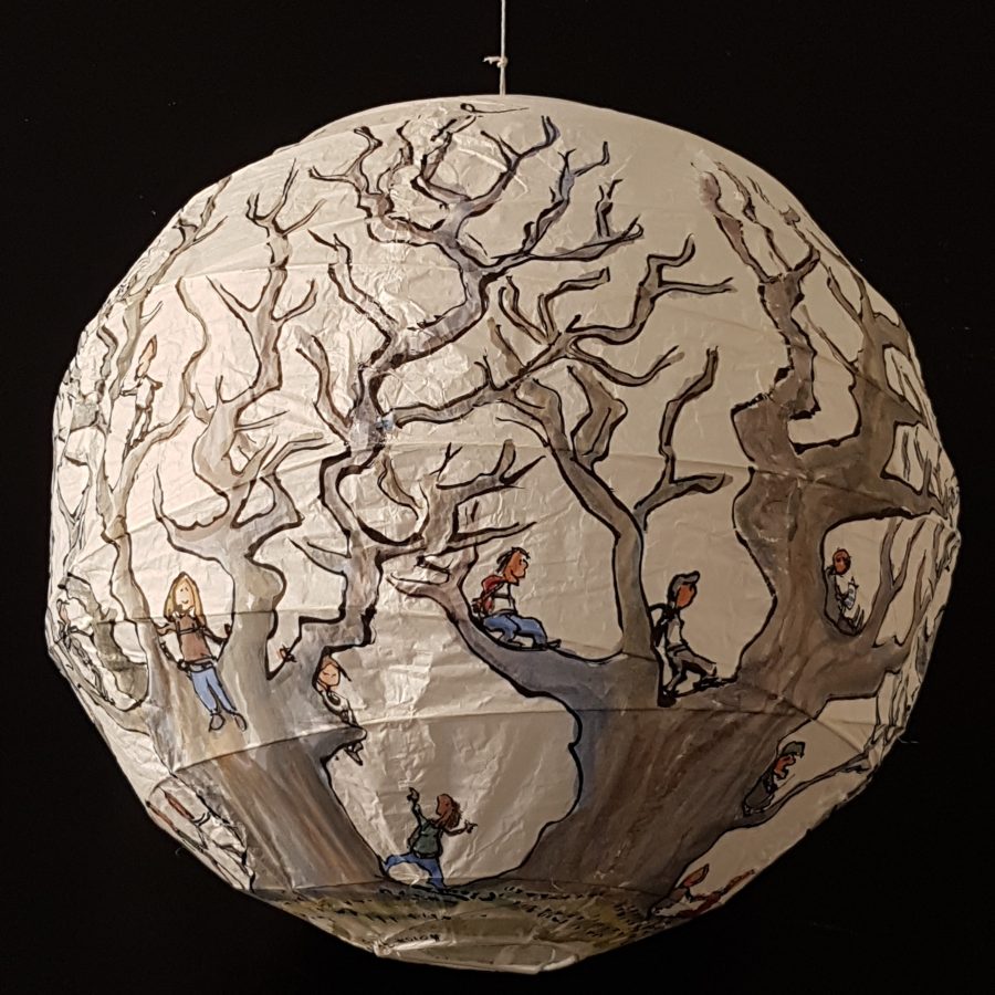 Trees and hikers Illustration in ink and watercolor on sphere lamp
