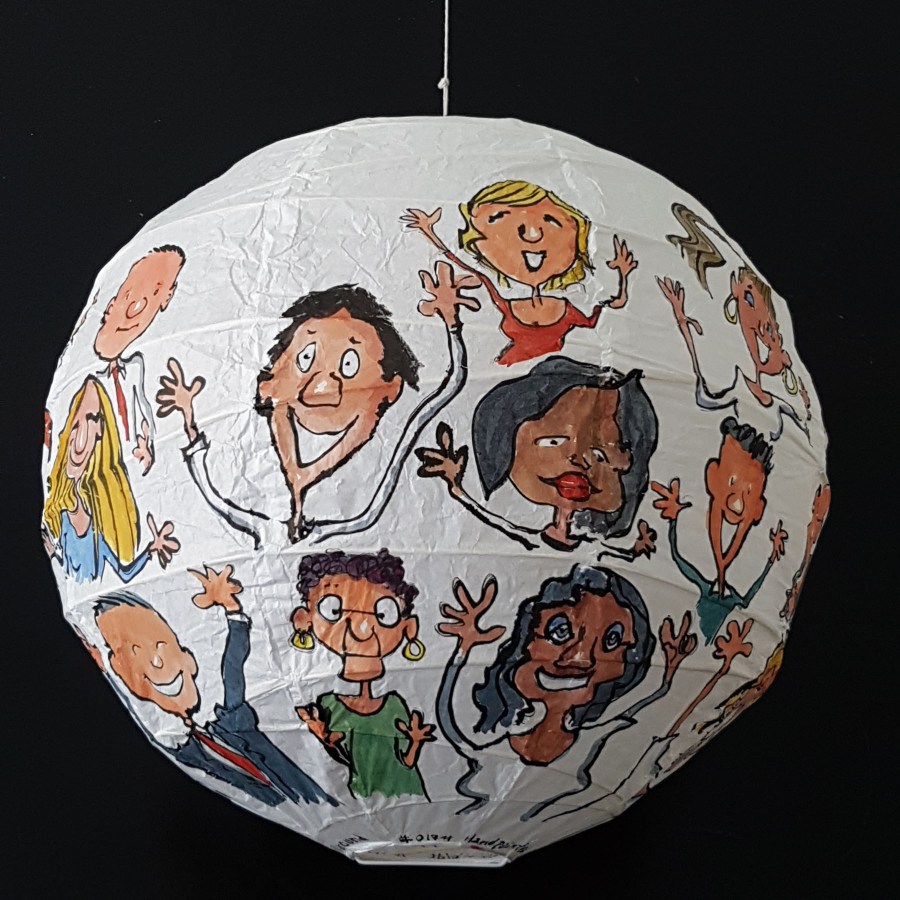 Detail - Happy people all around painting by Frits Ahlefeldt. On Rice paper Lamp