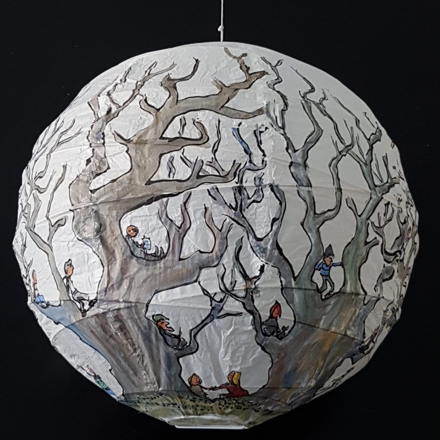 Trees and hikers Illustration in ink and watercolor on sphere lamp