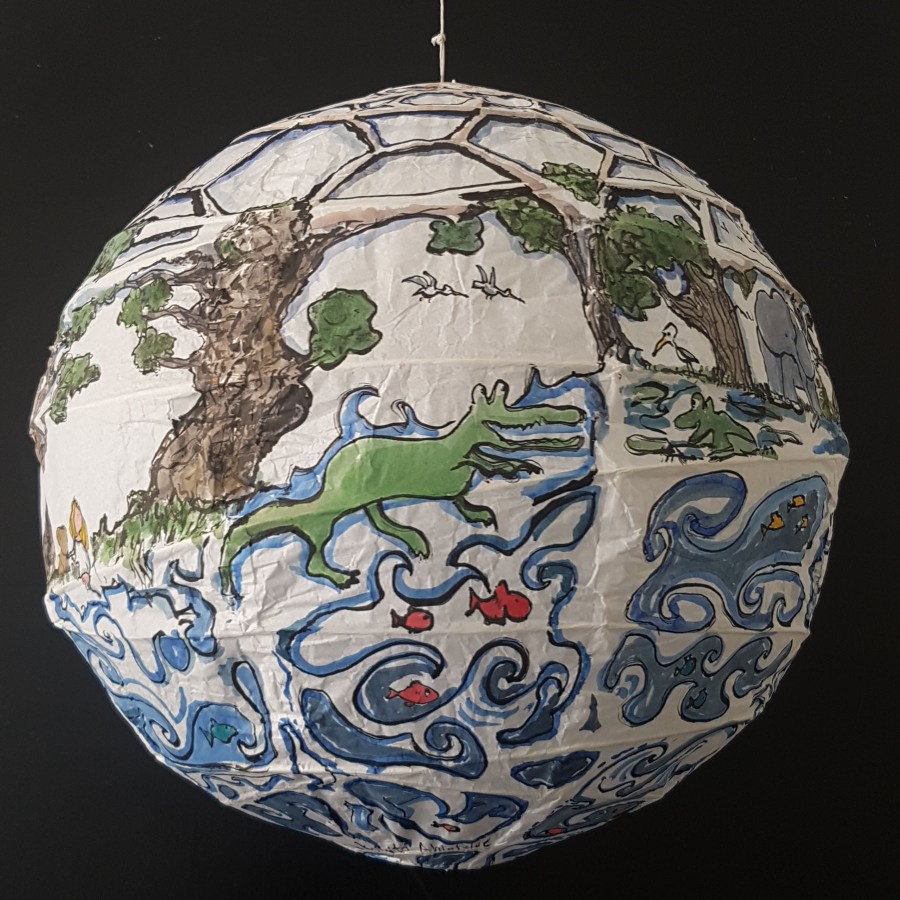 Painting of sphere house by Frits Ahlefeldt, on Rice paper lamp