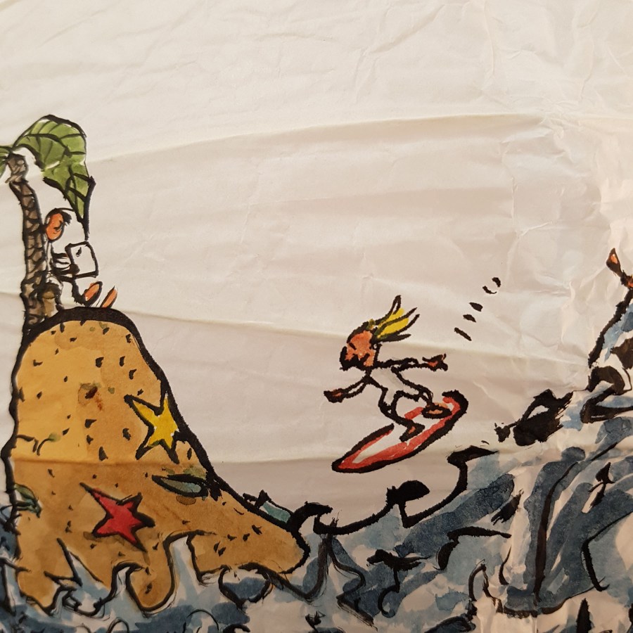 No man is an island at low tide art by Frits Ahlefeldt. SpherePainting on Rice paper lamp