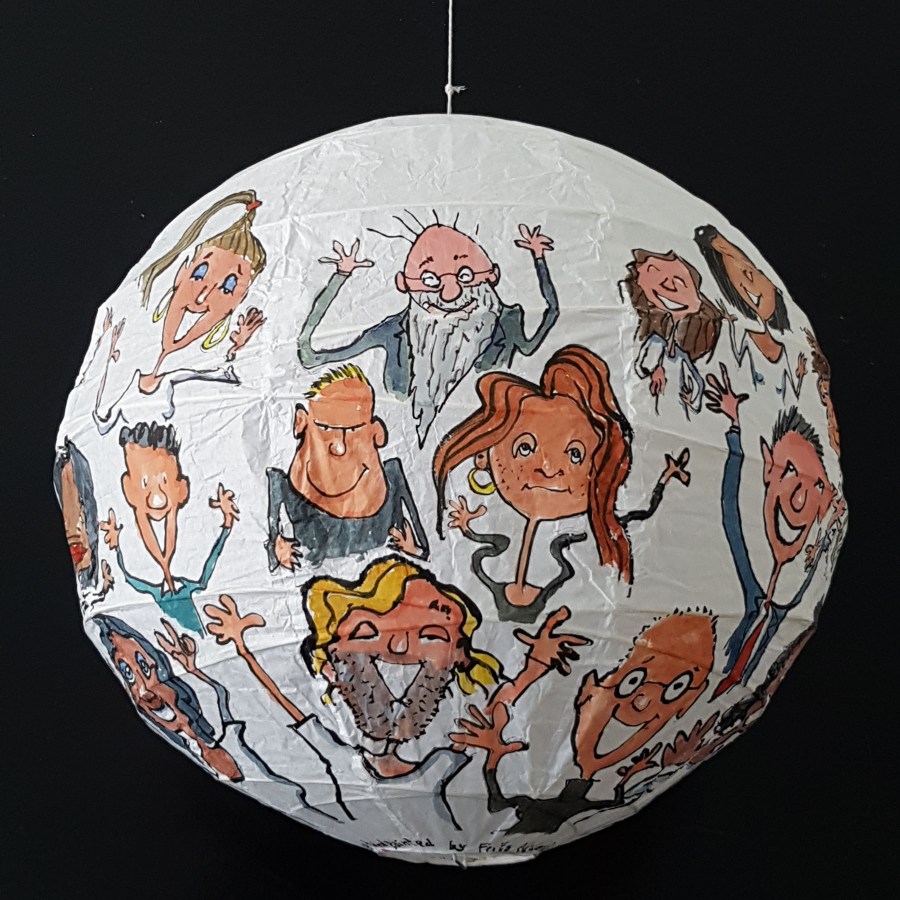 Detail - Happy people all around painting by Frits Ahlefeldt. On Rice paper Lamp