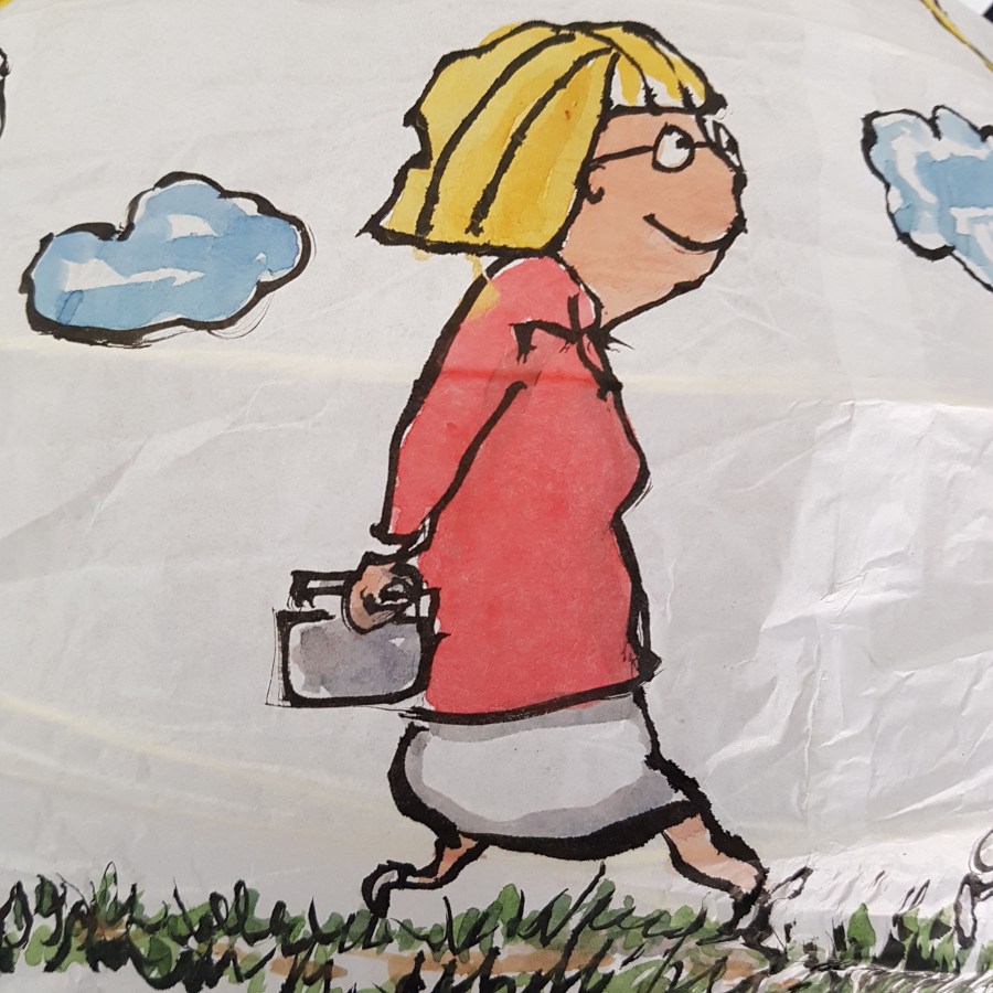 Drawing of red shirt woman walking from baby to old age around a rice paper lamp. Artwork by Frits Ahlefeldt