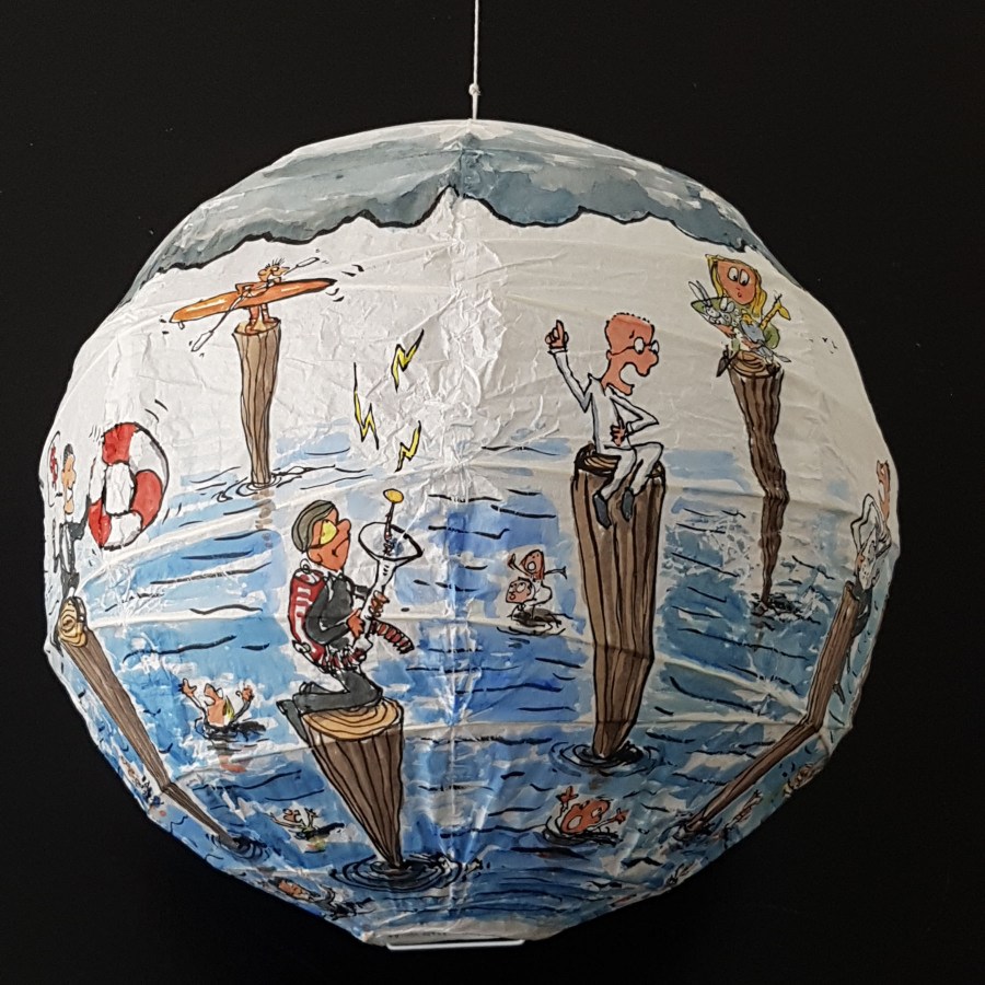 Drawing up people on wooden sticks talking about different things while the water gets higher. Sphere painting by Frits Ahlefeldt on Rice paper lamp
