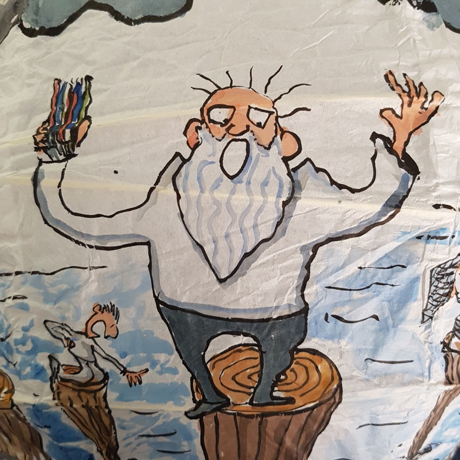 Drawing up people on wooden sticks talking about different things while the water gets higher. Sphere painting by Frits Ahlefeldt on Rice paper lamp