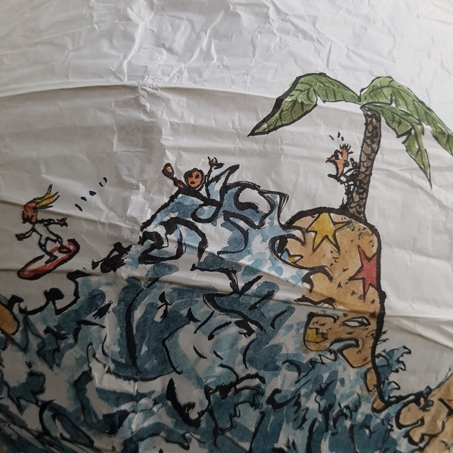 No man is an island at low tide art by Frits Ahlefeldt. SpherePainting on Rice paper lamp