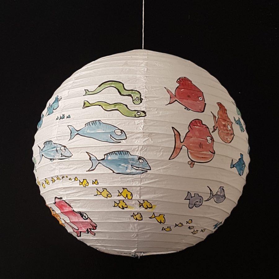 Painting on rice paper lamp, sphere artwork by Frits Ahlefeldt